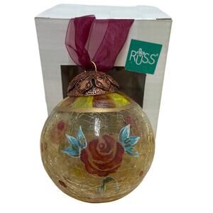 Russ Festive Gatherings Hand Painted Crackle Glass Ornament Rose/Box EUC